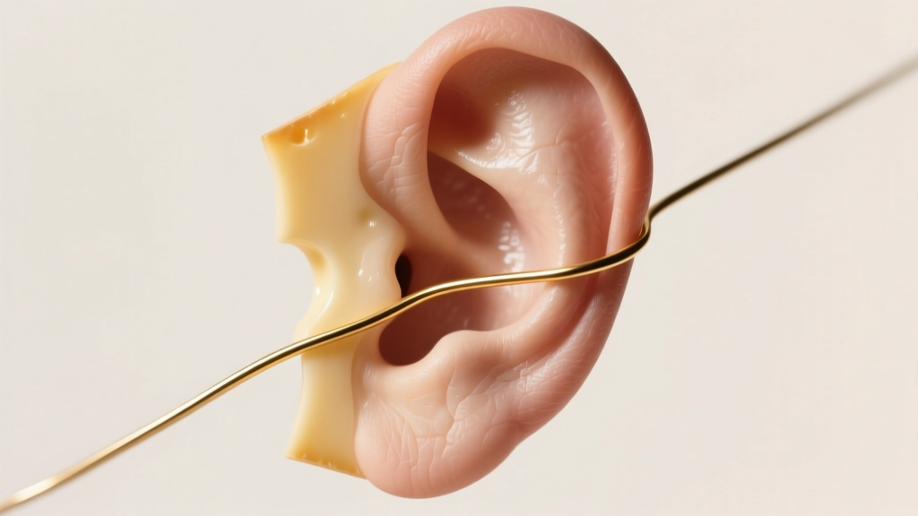 Side-profile diagram of an ear lobe experiencing the cheese cutter effect with a thin 18-gauge gold wire migrating downward