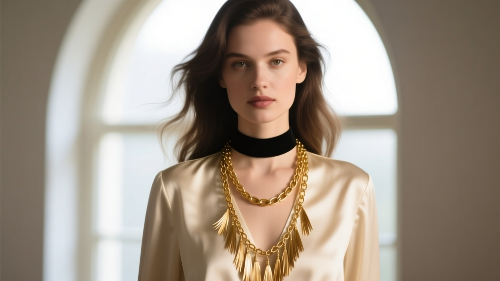 Woman wearing an antique gold foxtail chain and matte choker layered against a cream silk blouse in soft natural window lighting