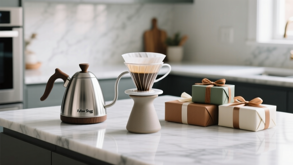 Elegant kitchen counter with Fellow Stagg EKG kettle and Hario V60 pour-over setup next to wrapped holiday gifts on marble surface