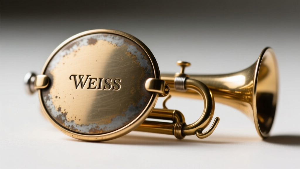 Macro shot of a vintage Weiss brooch back showing the stamped WEISS hallmark and secure brass trombone clasp mechanism