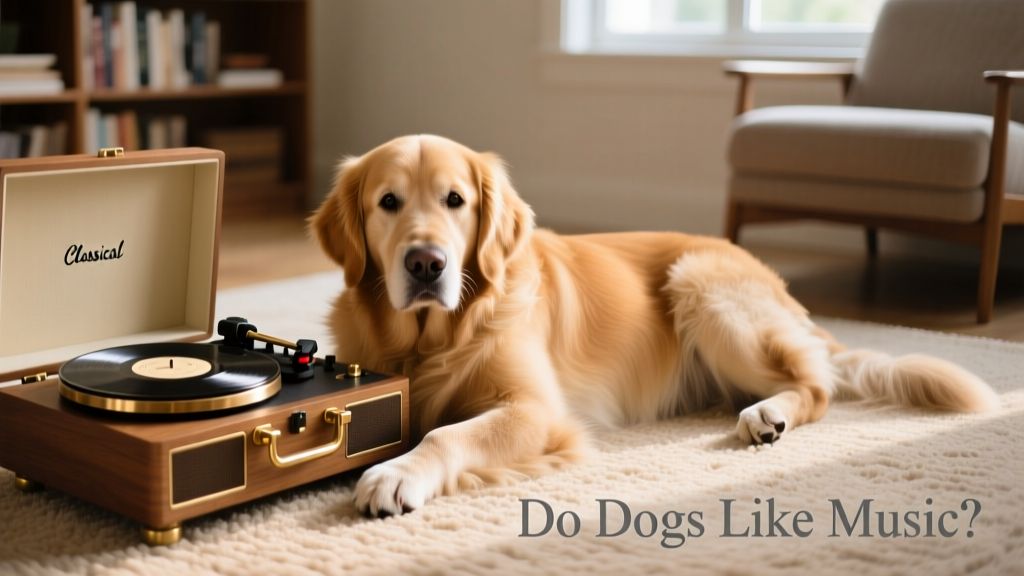 A calm dog lying on carpet beside a vintage record player with a vinyl disc