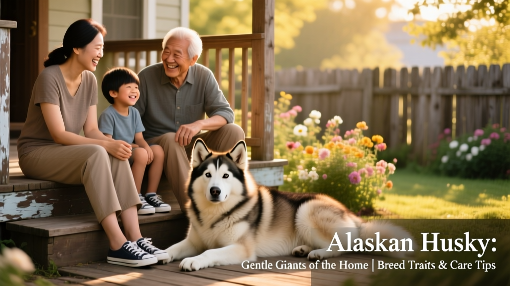 A relaxed, smiling family sitting on a porch with their Alaskan husky resting calmly beside them—demonstrating the breed's adaptability and gentle presence in home life