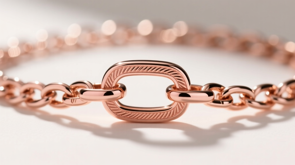 Macro view of a 14k rose gold clasp on a box chain, showing the warm pink copper tone and detailed metal link texture.