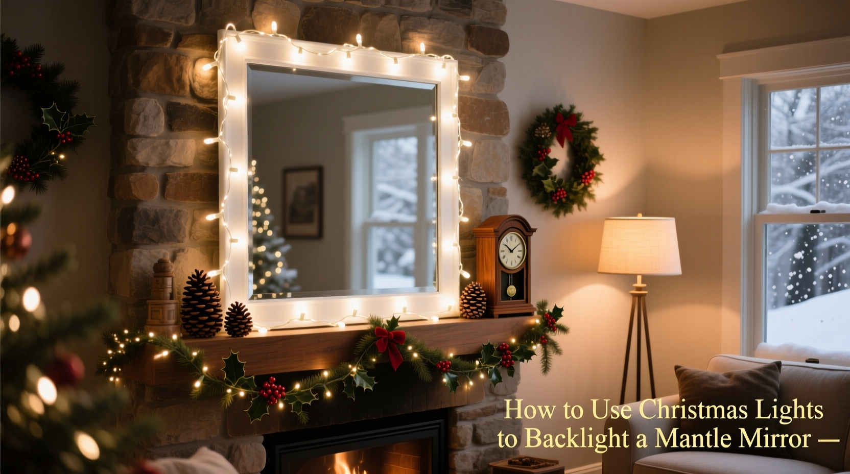 how to use christmas lights to backlight a mantle mirror display