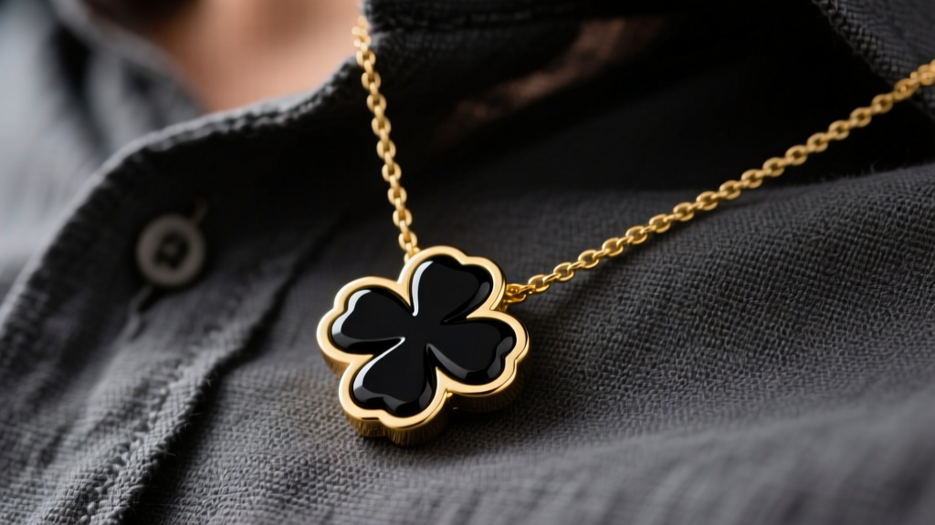 Close-up of a masculine 14k yellow gold mens clover necklace with black onyx inlay, resting on dark charcoal linen shirt fabric.
