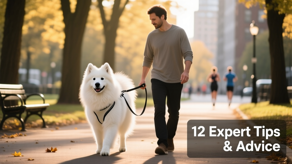 A Samoyed wearing a lightweight harness and walking calmly beside its owner on a loose leash