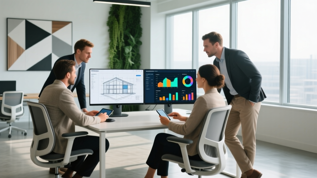 Marketing team reviewing blueprints and digital ad analytics on dual monitors in a modern building materials corporate office