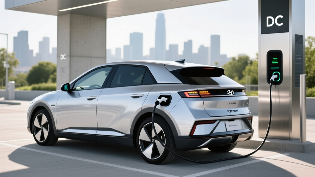 Silver Hyundai Ioniq 5 parked at a modern DC fast charging station with the charging cable plugged into the side port.