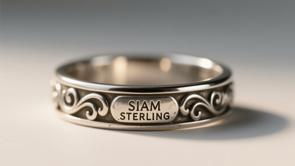 Macro shot of a faded SIAM STERLING hallmark stamped inside a mid-century silver ring shank under warm directional light.