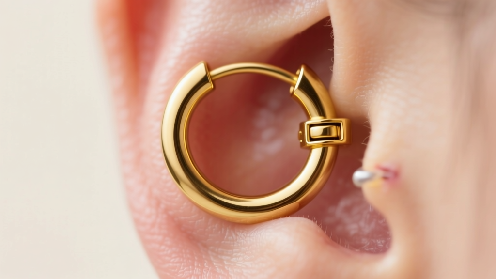 Extreme close-up of a 16-gauge 14k yellow gold huggie earring with a hinged clasp, worn on a healed helix cartilage piercing.