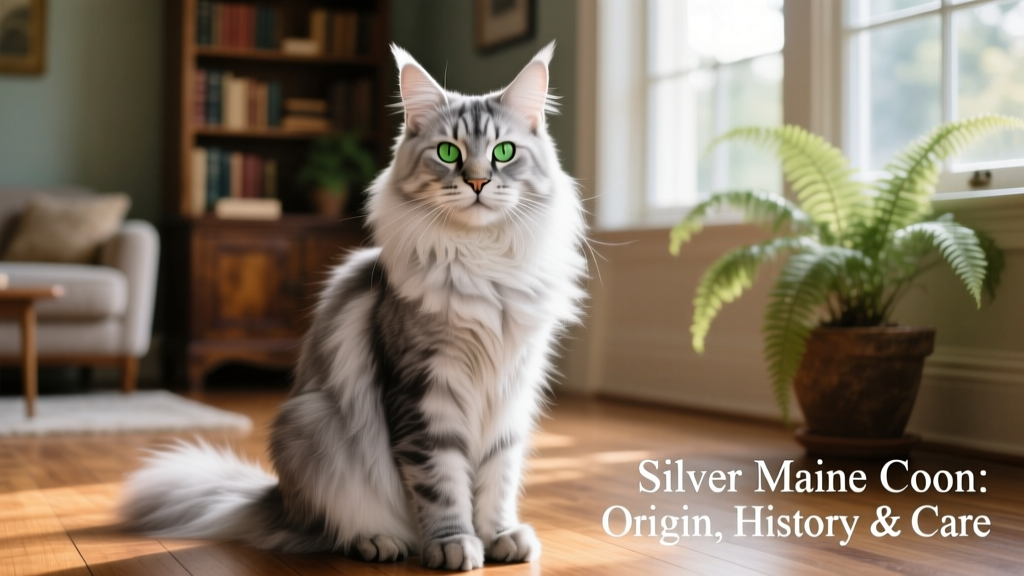A regal adult Silver Maine Coon sitting upright, showcasing its shimmering silver coat and tufted ears