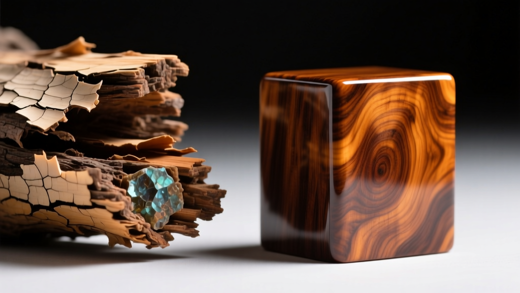 Macro view of peeling burl veneer edge next to a solid polished Amboyna burl wood block under bright directional studio lighting.
