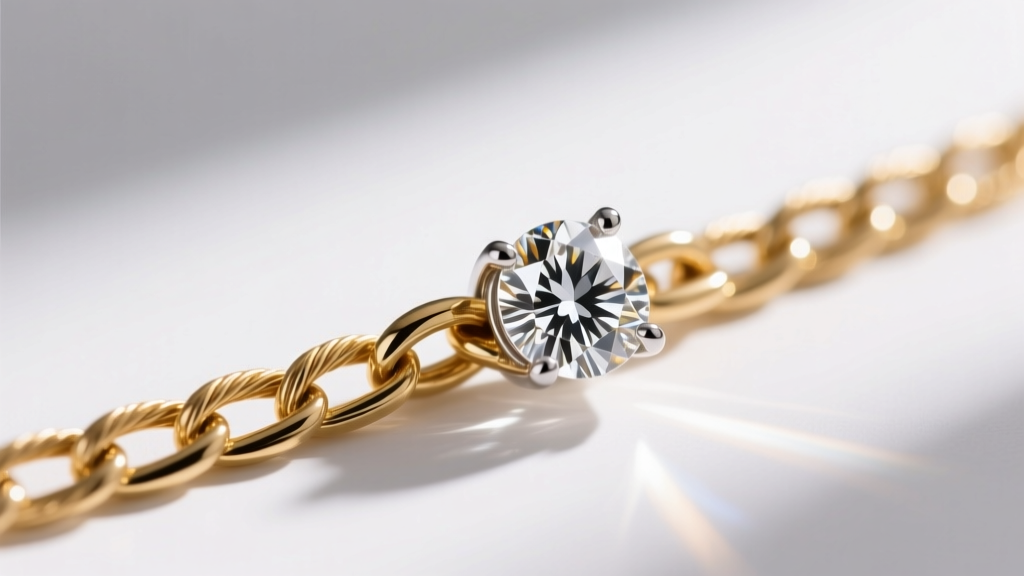 Macro view of a 14k gold cable chain beside a brilliant diamond solitaire pendant, illuminated by soft directional studio lighting