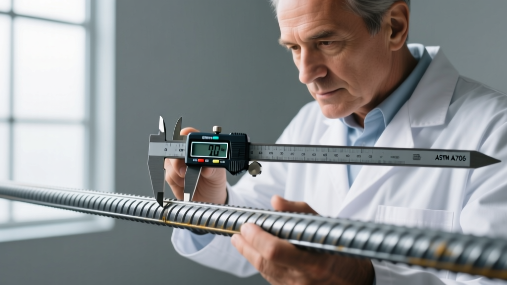 Close-up of a structural engineer using a digital caliper to measure the rib spacing on a high-strength ASTM A706 steel rebar sample