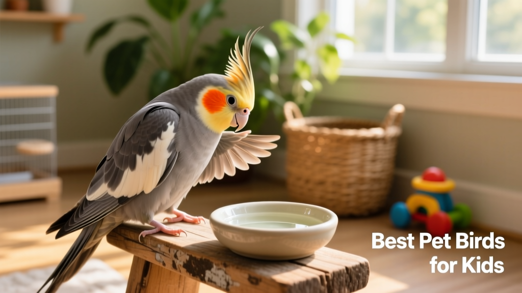 A gray-and-orange cockatiel calmly preening on a wooden perch beside a shallow bath dish