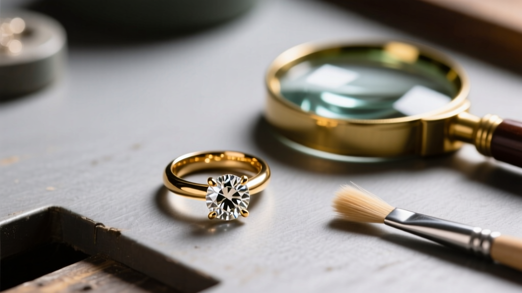 Close-up of a NYC jeweler workbench with a loupe, soft brush, and a sparkling 18k gold diamond ring under warm studio lighting
