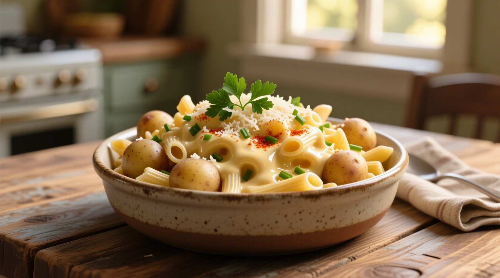 Creamy potato mac salad in serving bowl