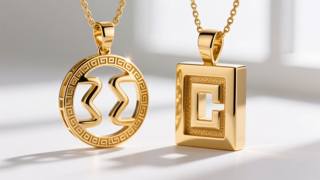 Macro shot comparing a die-stamped hollow gold Greek key pendant next to a solid cast 14k gold version, showing thickness.