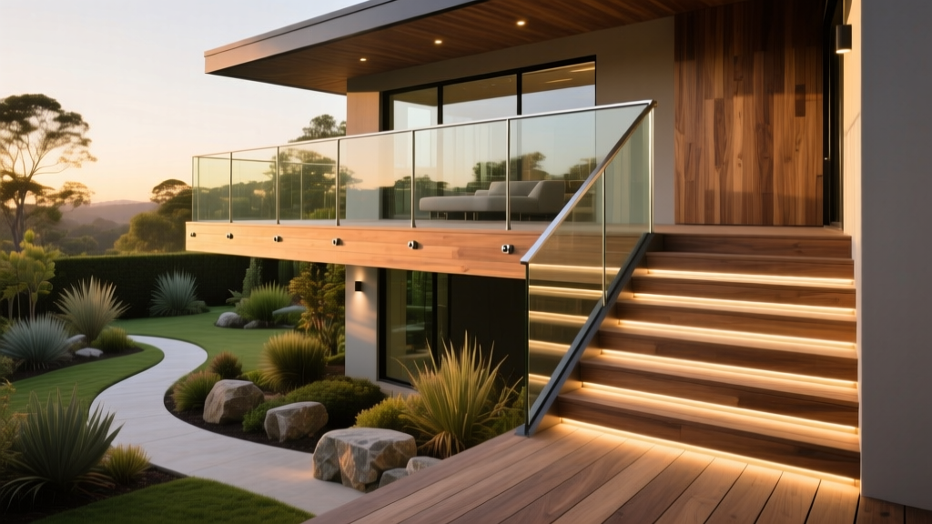 Modern two-level composite deck with hidden fasteners, glass railings, and integrated LED stair lighting overlooking a landscaped backyard