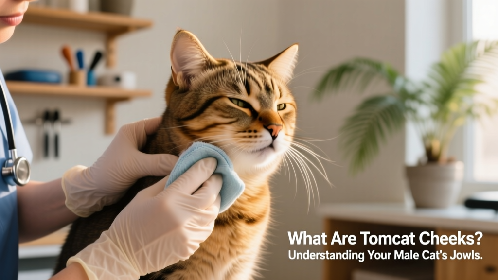 A gentle close-up of a vet or caregiver using a soft cloth to clean the cheek folds of a male cat with visible jowls