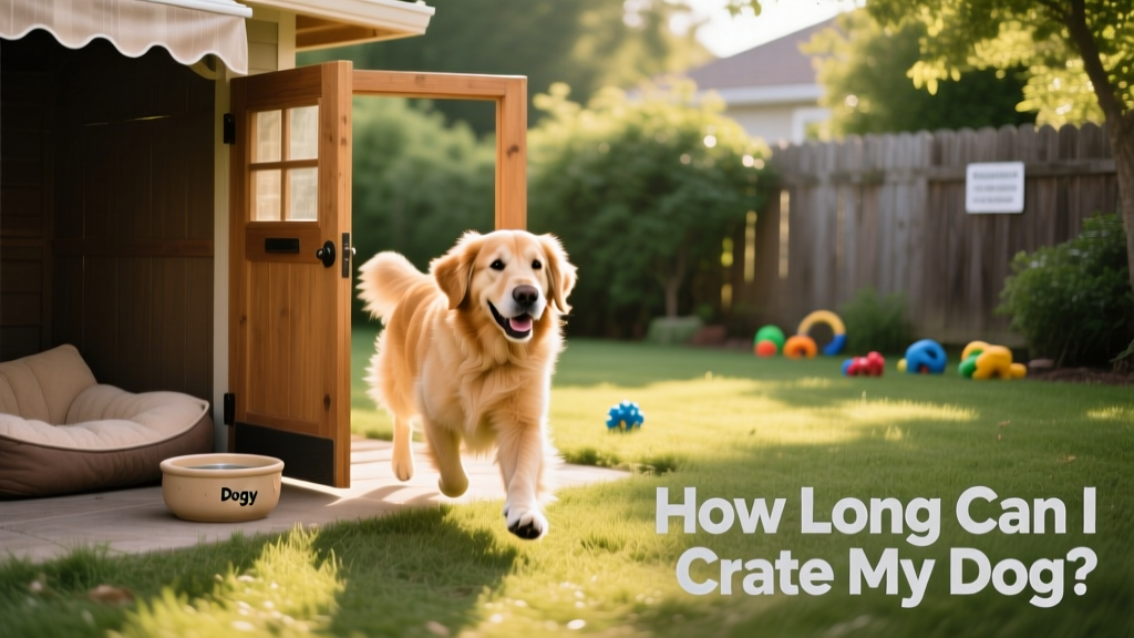 A happy dog stepping through a doggy door into a fenced backyard, with a visible water bowl and shaded resting area nearby