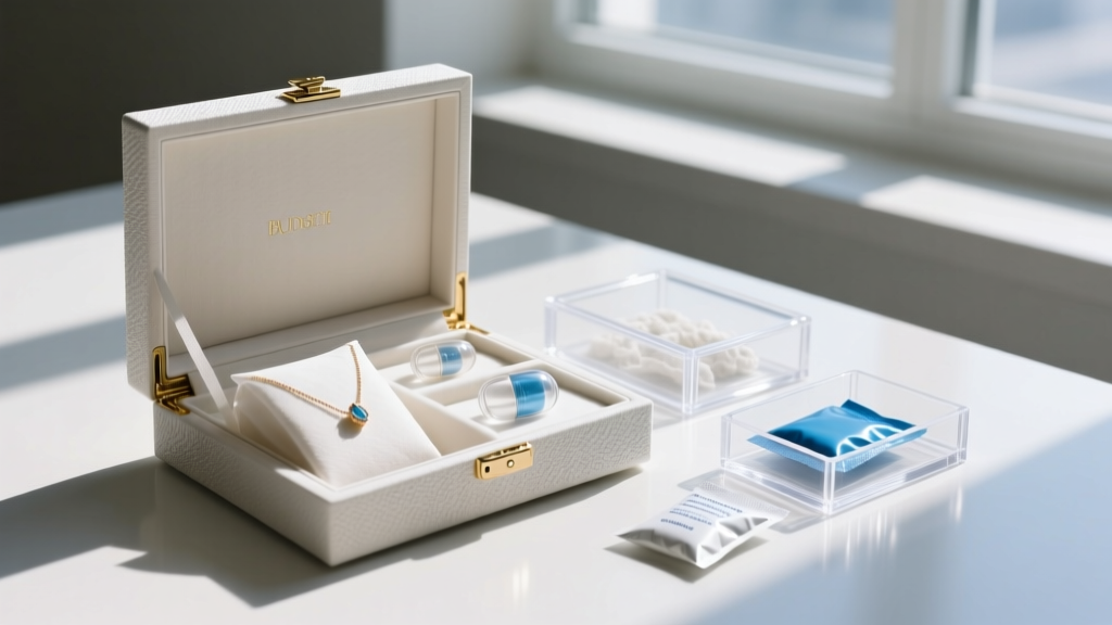 Budget jewelry box upgraded with acid-free tissue, silica packets, and clear archival plastic dividers sitting in bright daylight.