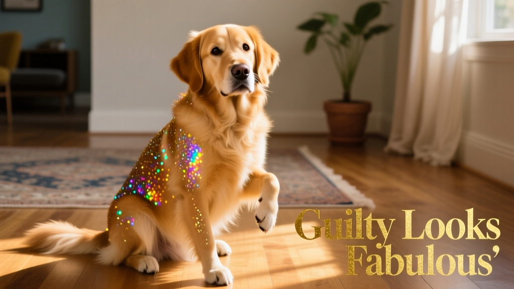 Golden retriever mix covered in rainbow glitter, sitting proudly on a sunlit hardwood floor with a playful, slightly guilty expression