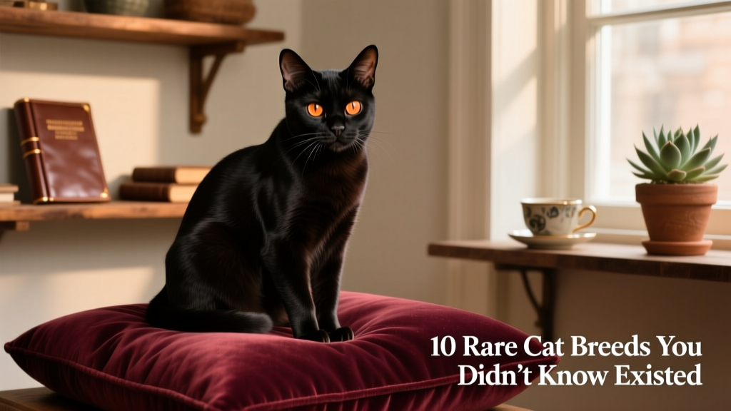 Bombay cat with sleek jet-black coat and warm coppery eyes sitting confidently on a velvet cushion