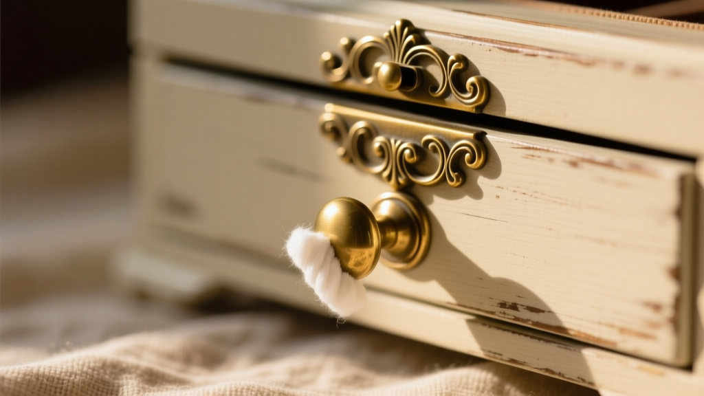 Macro shot of an antique-style brass drawer pull on a Shabby Chic jewelry box, being polished carefully with a cotton swab.