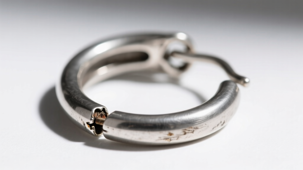 Tarnished sterling silver huggie hoop showing a repaired hinge and a bent 20-gauge locking clasp on a clean white background.
