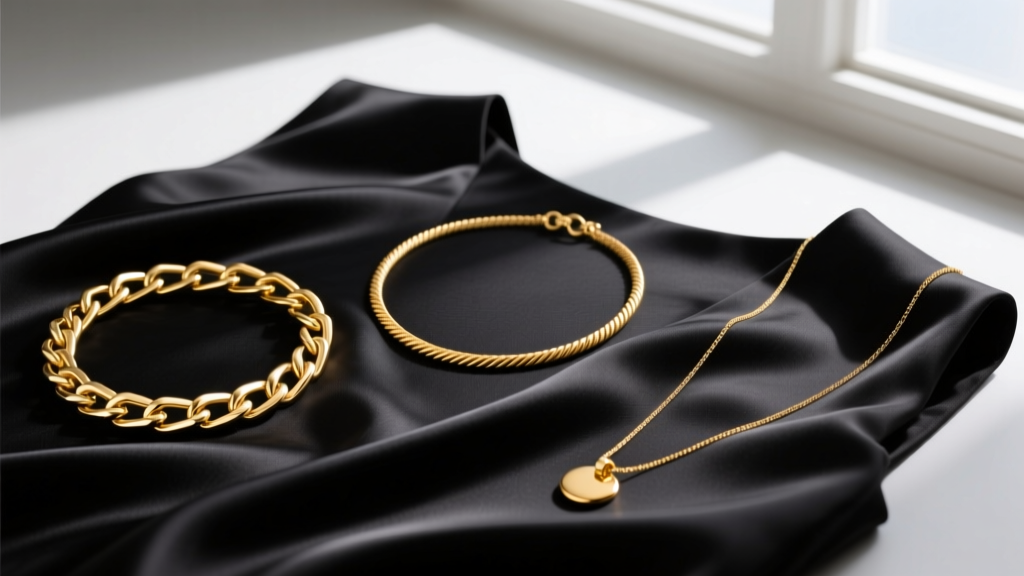 Flat lay of three gold necklaces, including a 1.5mm rope and 3mm curb chain, resting on dark silk fabric mimicking a black dress.