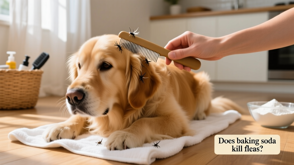Dog being gently combed with a fine-toothed flea comb while sitting on a clean towel