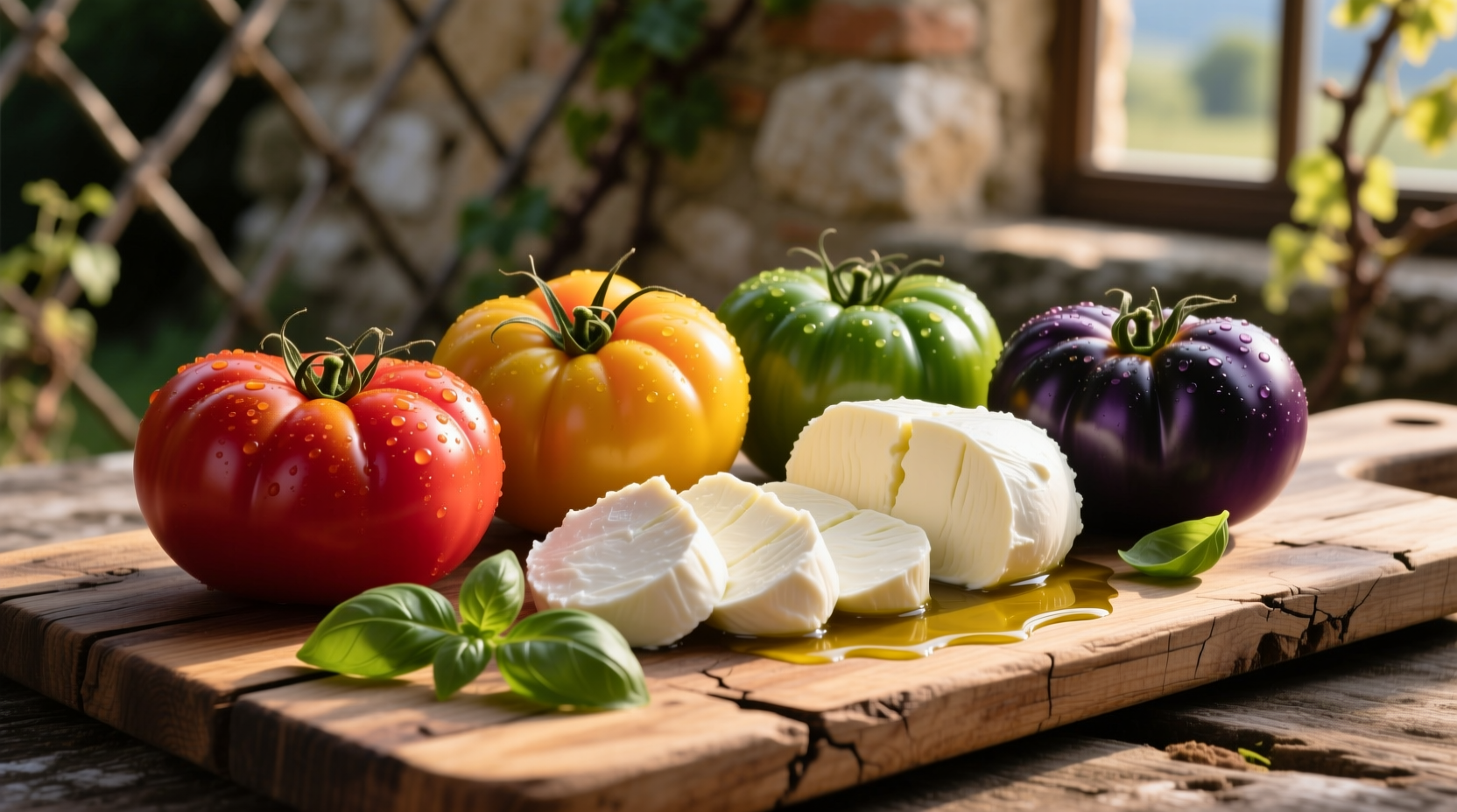Colorful heirloom tomatoes and fresh mozzarella arranged on wooden board