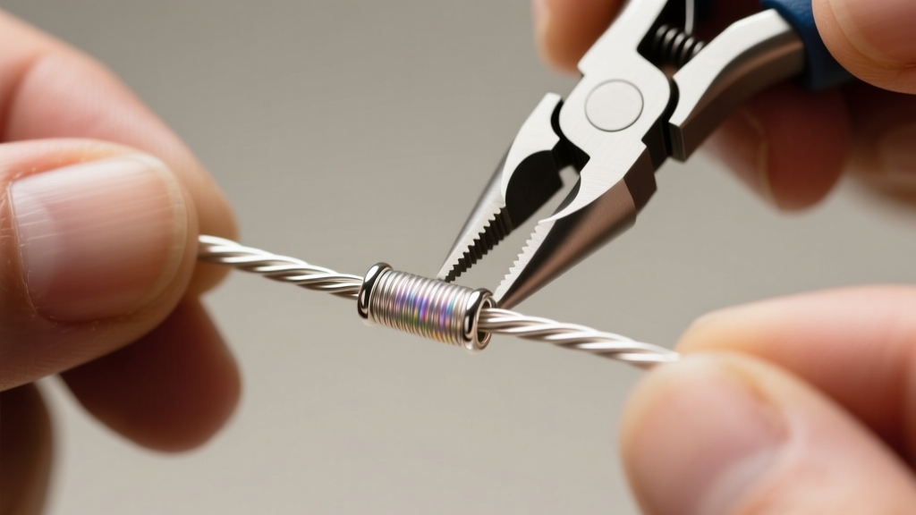 Close-up of hands using a micro-crimping tool to secure a 2mm sterling silver crimp tube on a nylon-coated 49-strand beading wire