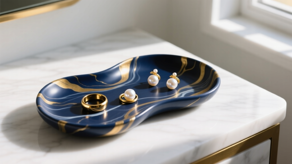 Marbled navy and gold polymer clay jewelry tray on white marble vanity, holding delicate gold rings and pearl earrings