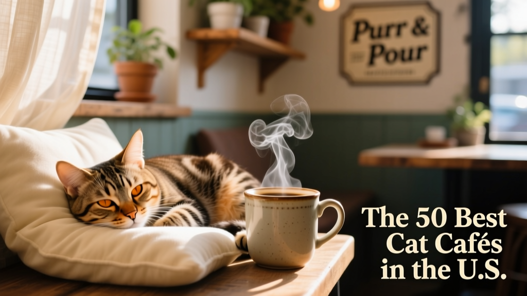 A gentle close-up of a tabby cat napping peacefully on a soft cushion beside a steaming mug of coffee