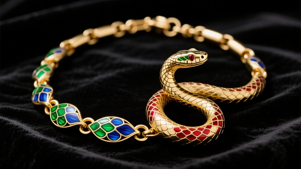 Vintage Whiting and Davis gold-tone articulated snake necklace on dark velvet, showing intricate painted enameled metal scales.