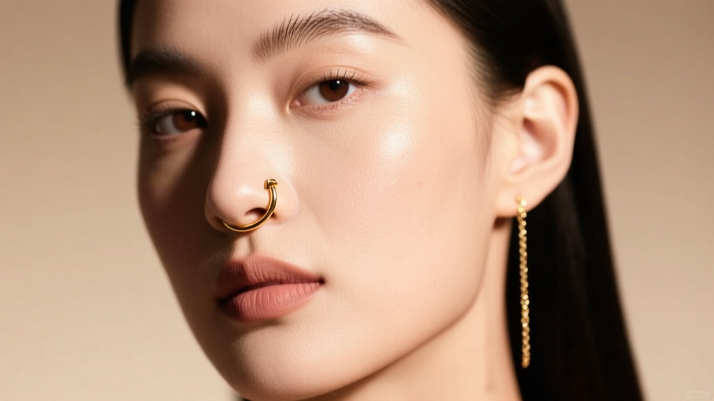 Close-up portrait of a model wearing a delicate 14k gold nose ring to earring chain under soft, warm studio lighting