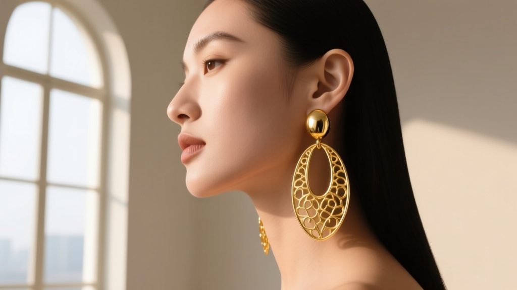 Side profile of a model wearing heavy 22k gold dangle earrings, showing downward earlobe pull under soft natural window lighting.