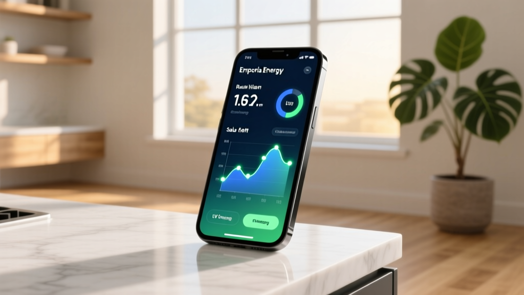Smartphone screen displaying the Emporia Energy app interface with real-time kilowatt-hour tracking and solar offset graphs for EV charging