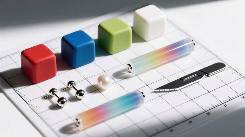 Overhead flat lay of polymer clay blocks, steel earring posts, acrylic rollers, and precision tissue blades on a grid craft mat.