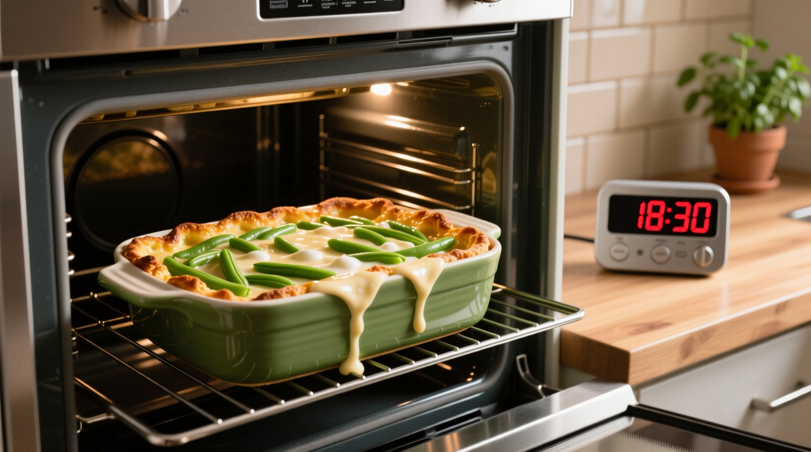 Green bean casserole baking in oven with timer set