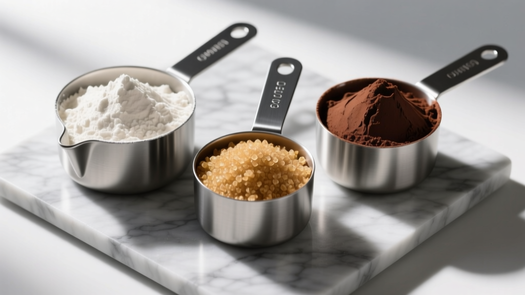 Overhead shot of heavy cast aluminum measuring cups filled with flour, packed brown sugar, and cocoa powder on a marble pastry board