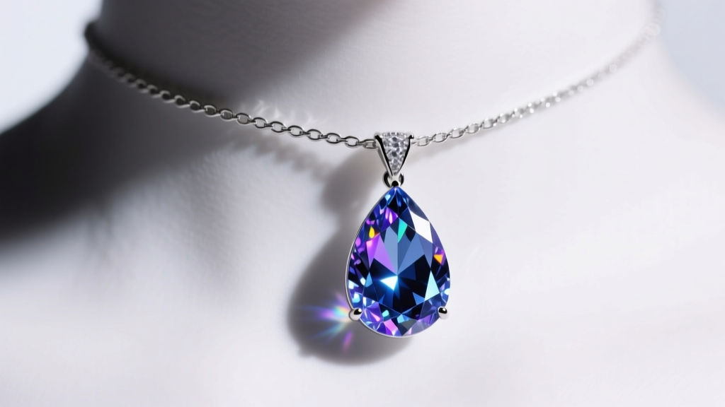 Close-up of a teardrop moissanite pendant on a Cinderella choker, displaying brilliant light dispersion under studio lighting