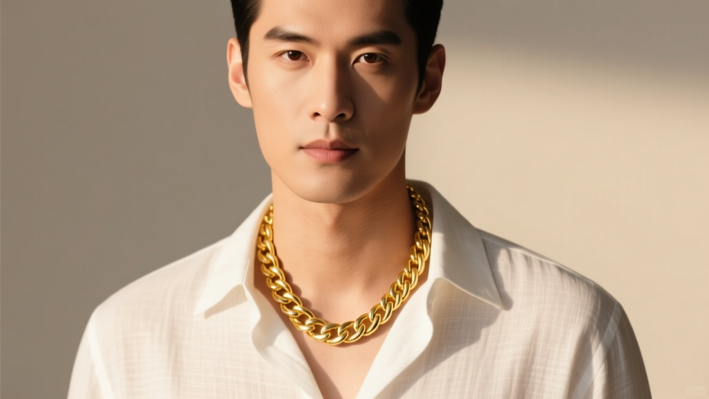 Man in white linen shirt wearing a 20-inch 14k yellow gold Cuban link chain necklace resting perfectly on his upper chest