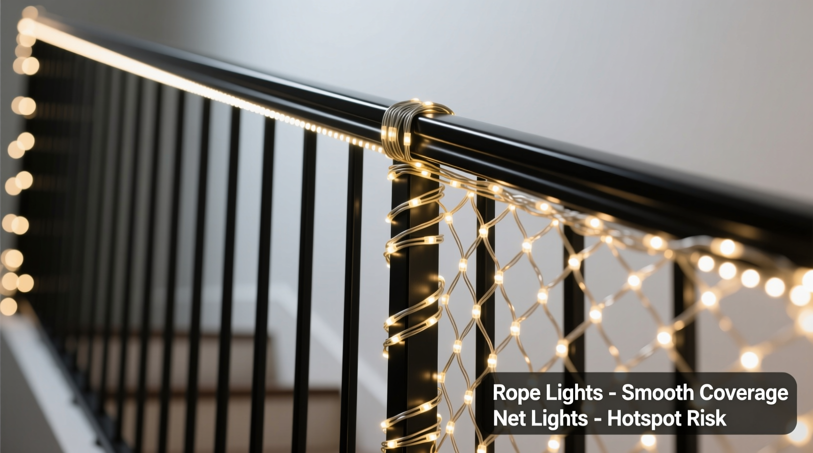 led rope lights vs net lights for wrapping railings which gives cleaner coverage without hotspots