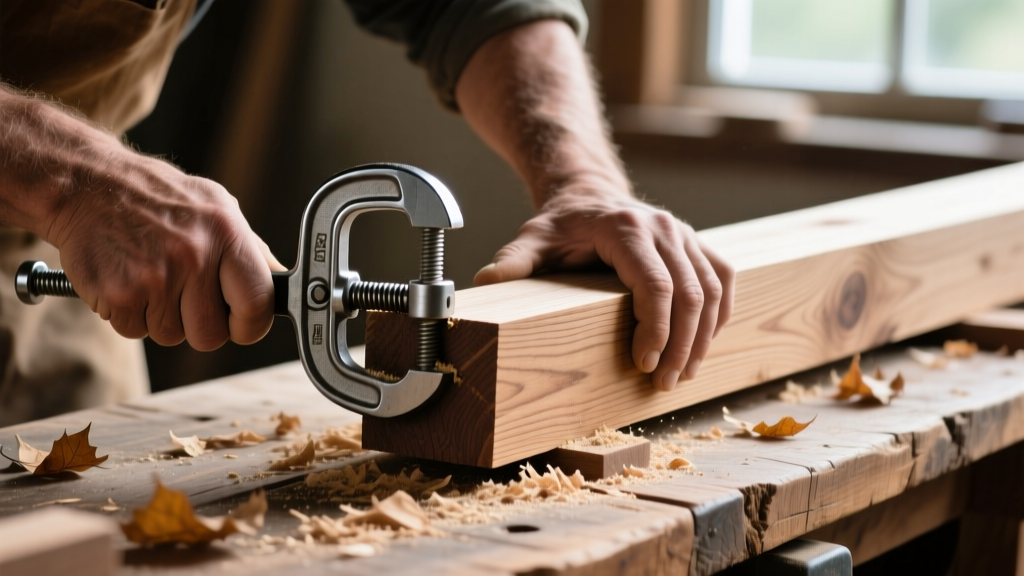 Hands of a woodworker using heavy-duty ratchet clamps to secure oak lumber on a workbench covered in sawdust and wood shavings