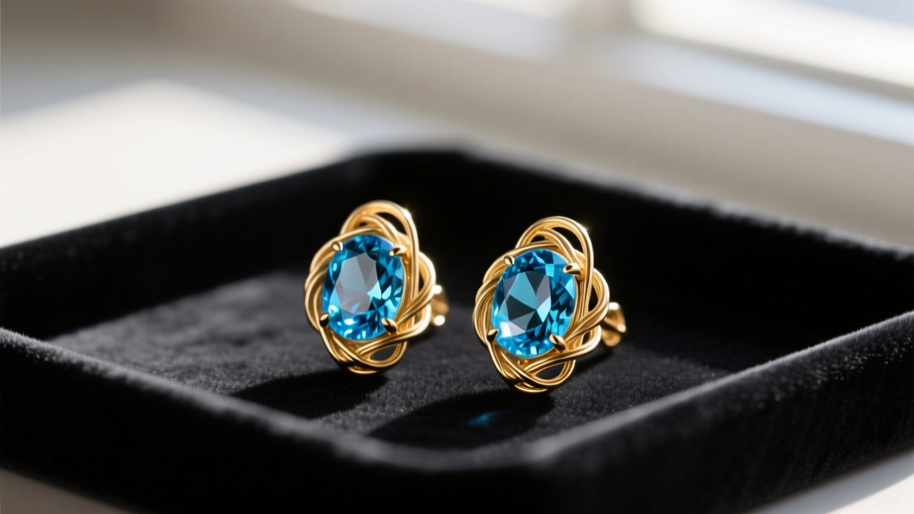 Elegant 14k solid gold wire-wrapped London Blue Topaz briolette earrings catching soft window light on a dark velvet jewelry tray