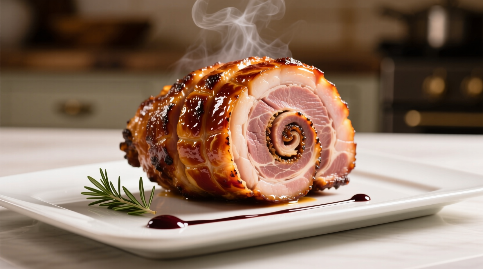 Perfectly cooked spiral ham on serving platter