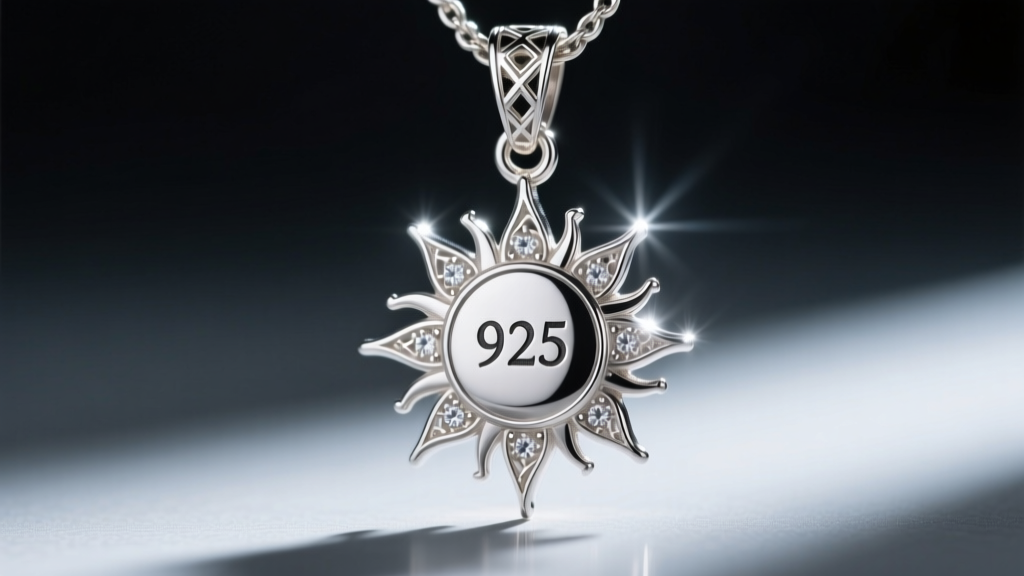 Macro photography of a 925 hallmark stamped on the bail of a detailed silver sun pendant, illuminated by a bright jewelers loupe light